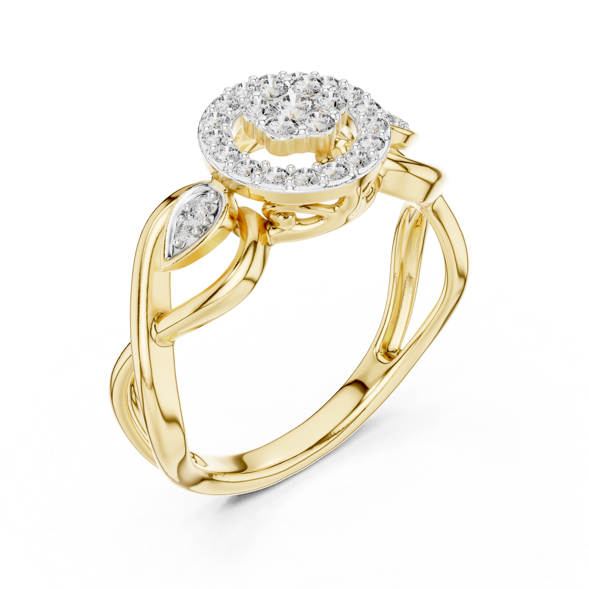 Cluster Halo Moissanite Ring with Scroll Accents in yellow 925 sterling silver, view 2
