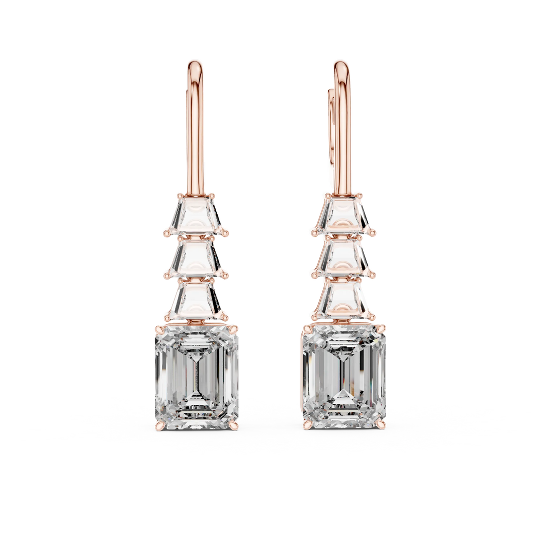 Emerald cut moissanite drop earrings in rose 925 sterling silver, view 4