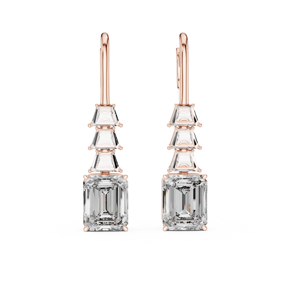 Emerald cut moissanite drop earrings in rose 925 sterling silver, view 4