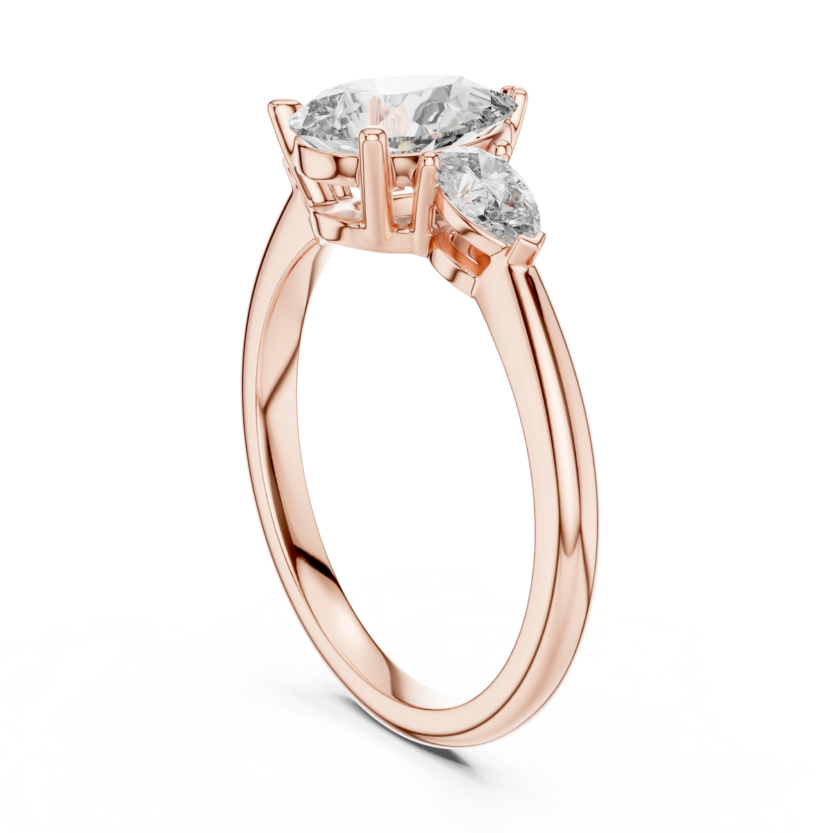 Pear Three Stone Moissanite Engagement Ring in rose 925 sterling silver, view 1