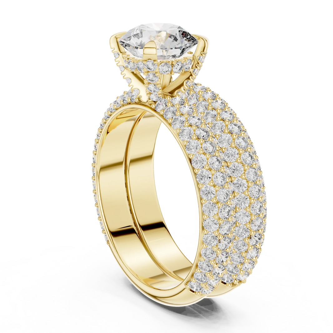 Round Solitaire Moissanite Ring with Wide Pavé Band in yellow 925 sterling silver, view 1