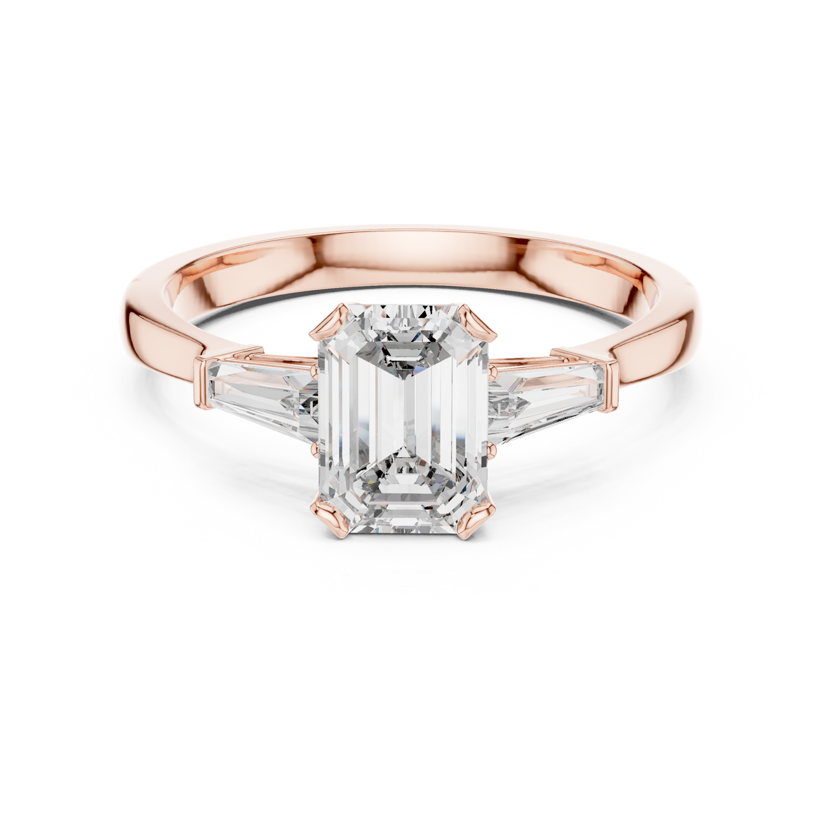 Emerald Cut Moissanite Ring with Tapered Baguette Sides in rose 925 sterling silver, view 4