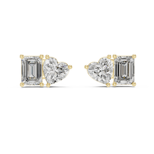 Heart and emerald moissanite toi et moi stud earrings in yellow 925 sterling silver, view 4