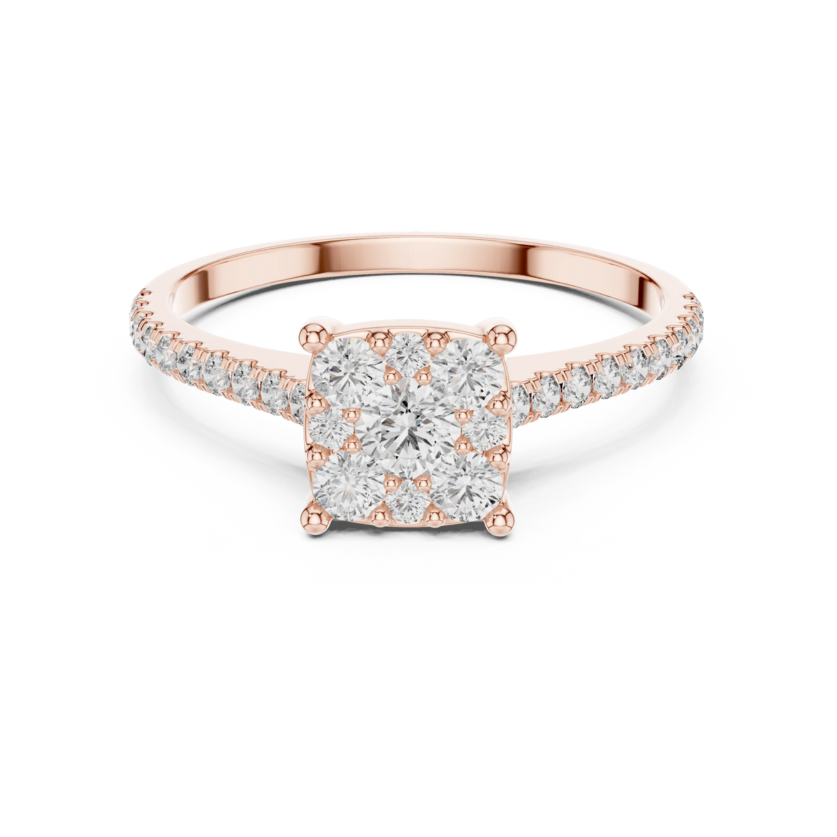 Round Cluster Moissanite Engagement Ring with Pavé Band in rose 925 sterling silver, view 4