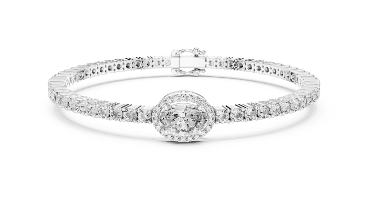 Oval Halo Centre Moissanite Tennis Bracelet in white 925 sterling silver, view 1