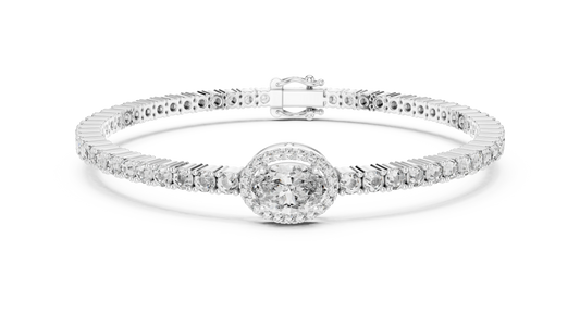 Oval Halo Centre Moissanite Tennis Bracelet in white 925 sterling silver, view 1