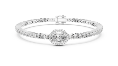 Oval Halo Centre Moissanite Tennis Bracelet in white 925 sterling silver, view 1