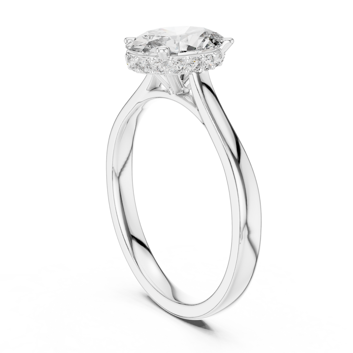 Oval Hidden Halo Moissanite Cathedral Solitaire Ring in white 925 sterling silver, view 1