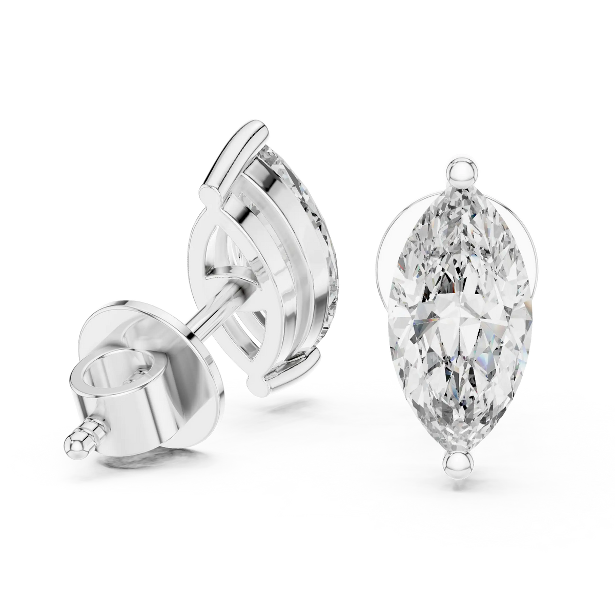 Marquise moissanite stud earrings in white 925 sterling silver, two-prong basket, view 1