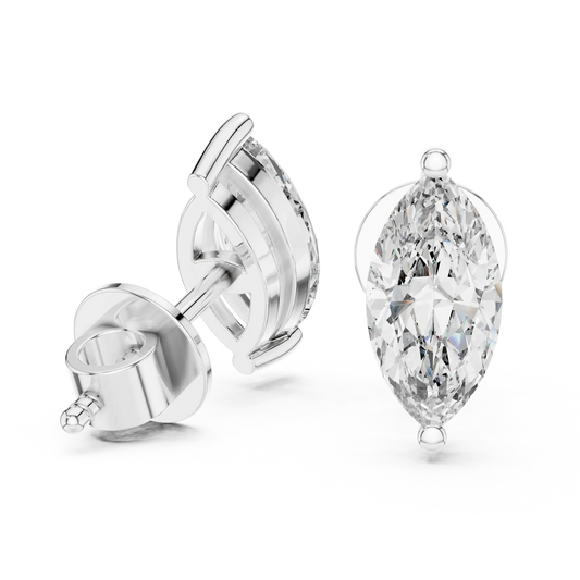 Marquise moissanite stud earrings in white 925 sterling silver, two-prong basket, view 1