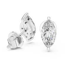 Marquise moissanite stud earrings in white 925 sterling silver, two-prong basket, view 1