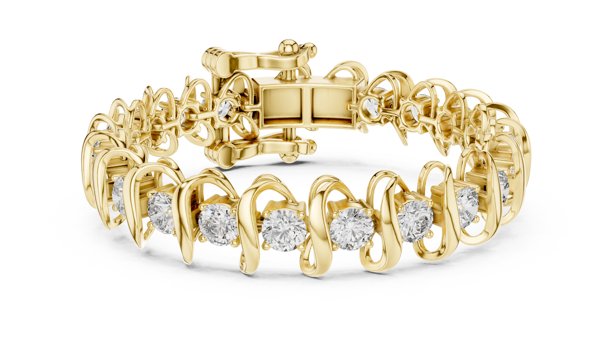 Round Moissanite Wave Link Bracelet in yellow 925 sterling silver, view 1