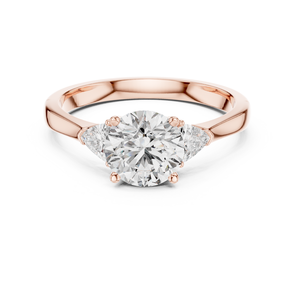 Round and Trillion Three Stone Moissanite Ring in rose 925 sterling silver, view 4