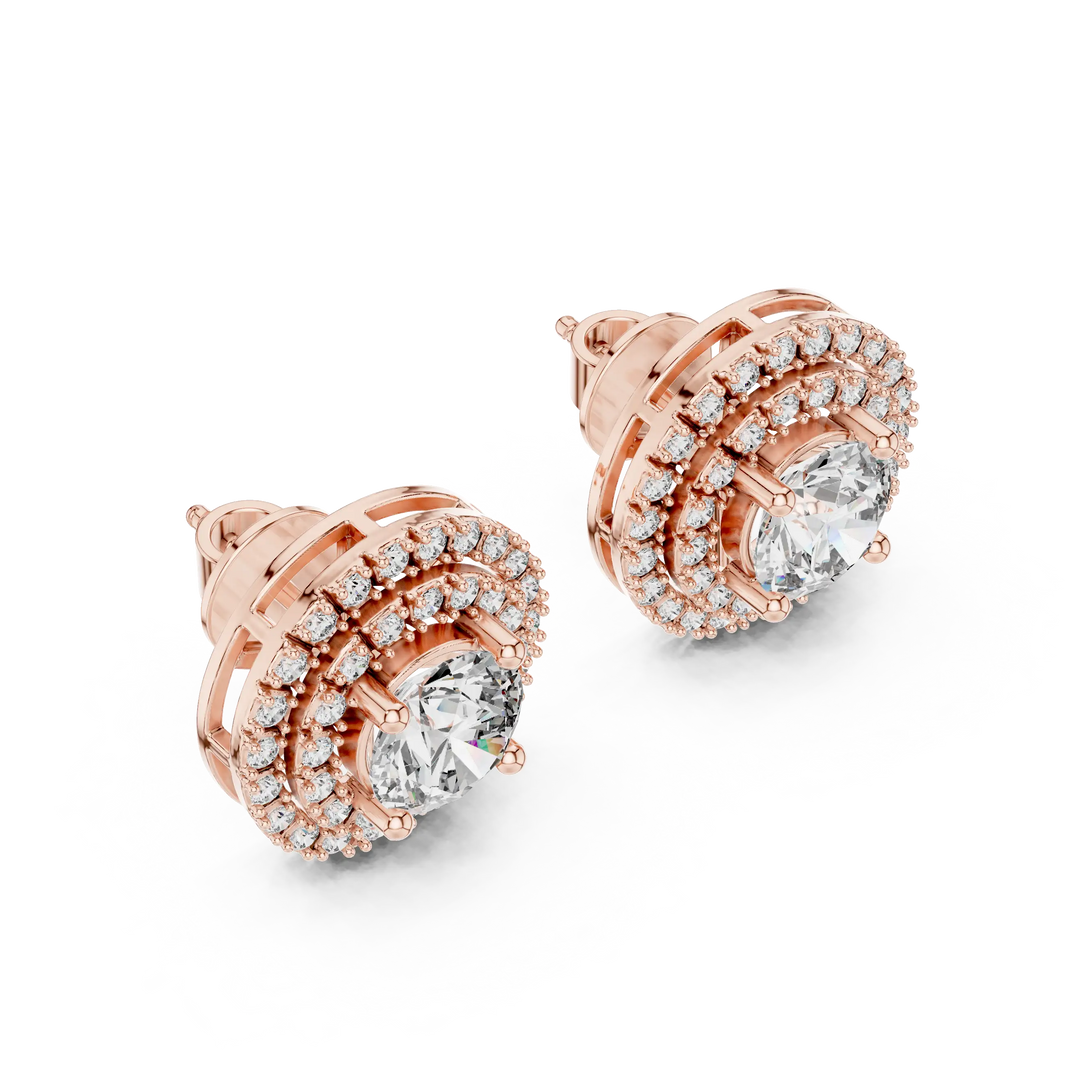 Round moissanite double halo stud earrings in rose 925 sterling silver, view 2