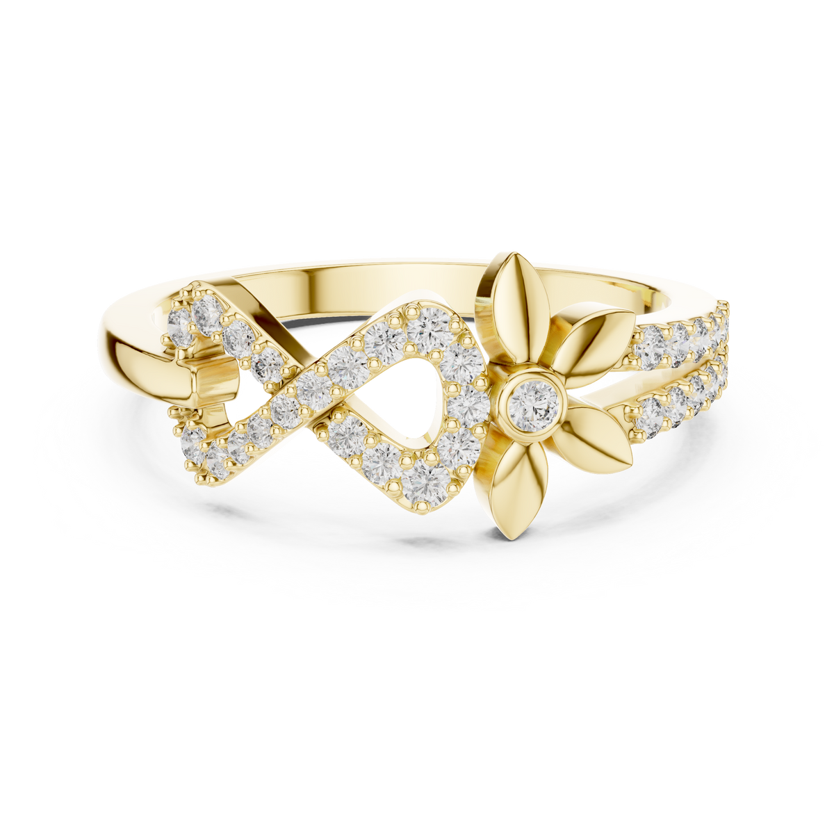 Pavé Infinity and Flower Moissanite Ring in yellow 925 sterling silver, view 4