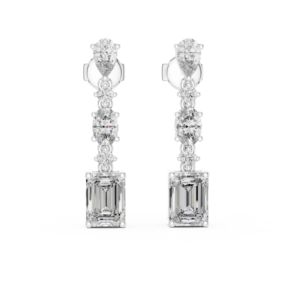 Emerald pear and oval moissanite drop earrings in white 925 sterling silver, view 4