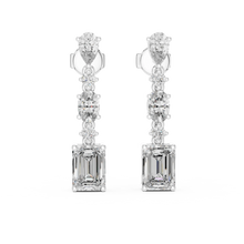 Emerald pear and oval moissanite drop earrings in white 925 sterling silver, view 4
