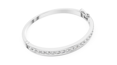 Channel Set Round Moissanite Hinged Bangle in white 925 sterling silver, view 3