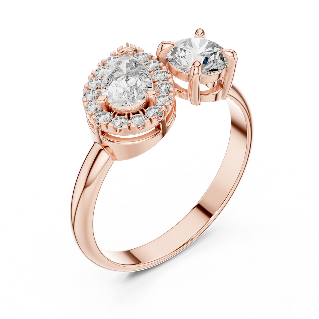 Pear Halo and Round Toi et Moi Moissanite Ring in rose 925 sterling silver, view 2
