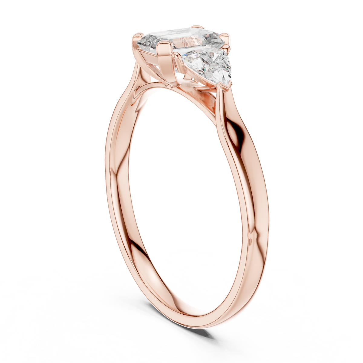 Emerald Cut and Trillion Three Stone Moissanite Ring in rose 925 sterling silver, view 1