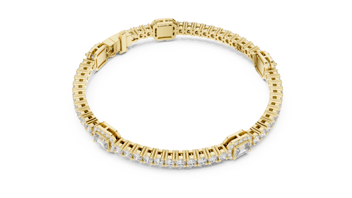Emerald Halo Station Round Moissanite Tennis Bracelet in yellow 925 sterling silver, view 3