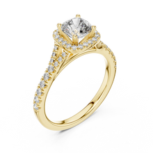 Cushion Halo Moissanite Engagement Ring in yellow 925 sterling silver, view 2