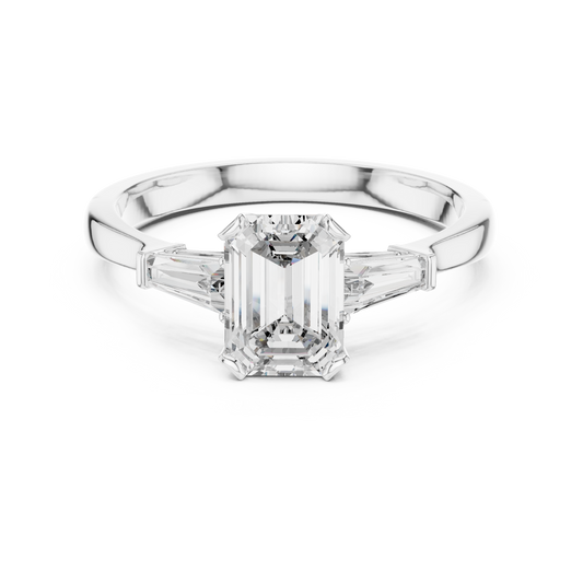 Emerald Cut Moissanite Ring with Tapered Baguette Sides in white 925 sterling silver, view 4