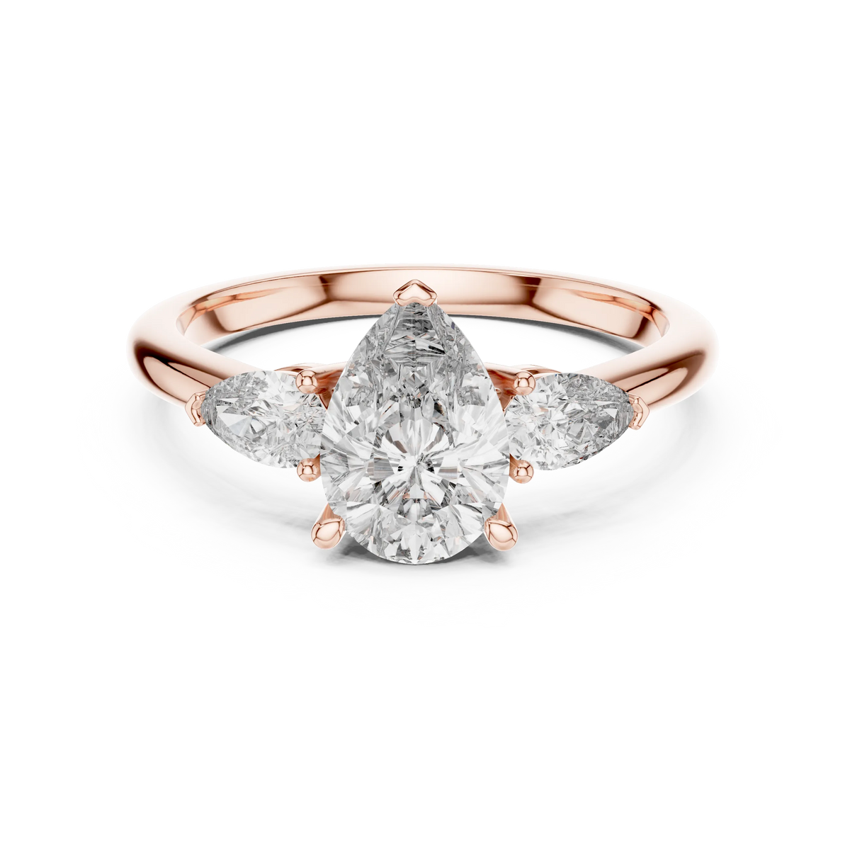 Pear Three Stone Moissanite Engagement Ring in rose 925 sterling silver, view 4