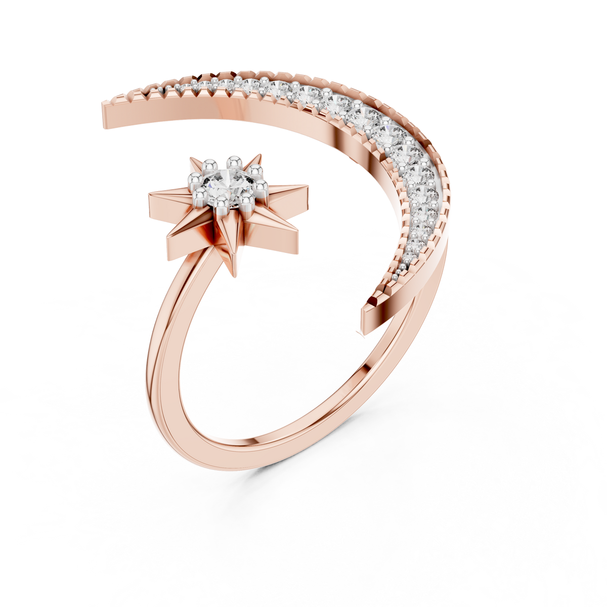 Crescent Moon and Star Moissanite Open Ring in rose 925 sterling silver, view 2