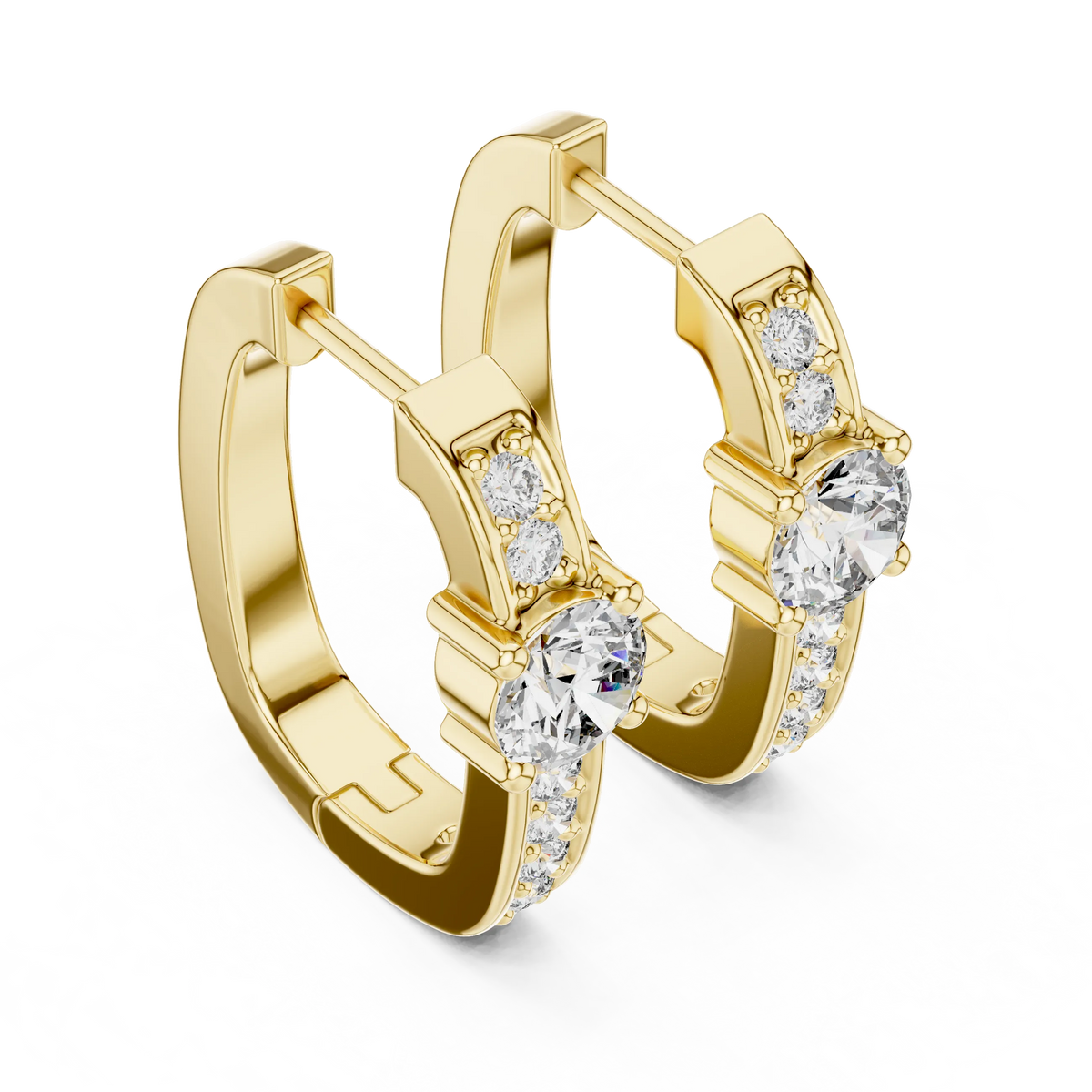 Moissanite solitaire pave huggie earrings in yellow 925 sterling silver, view 2