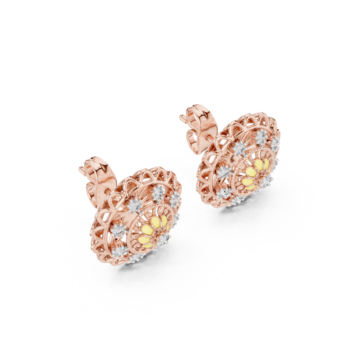Moissanite Mandala Flower Stud Earrings in rose 925 sterling silver, view 2