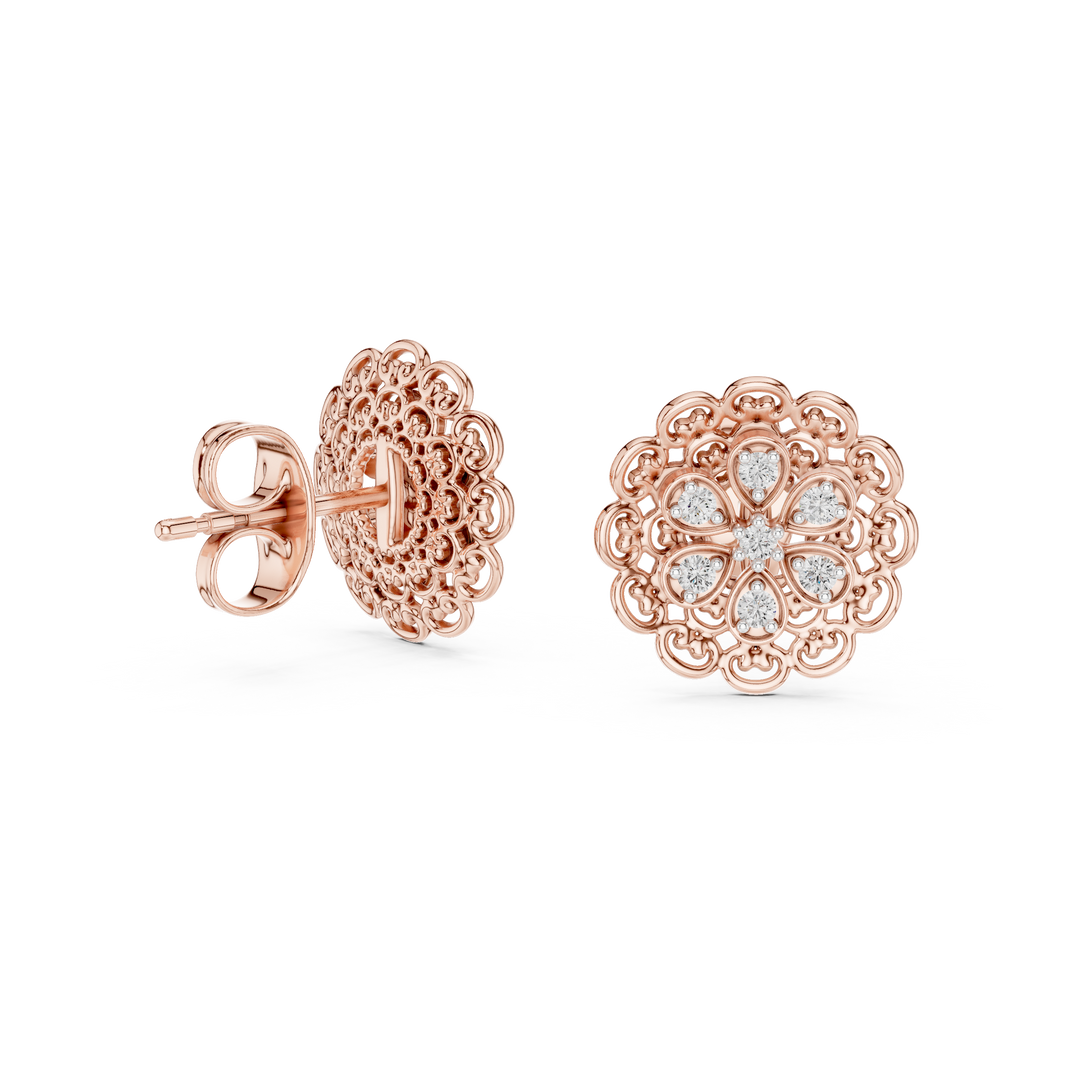Moissanite Lace Medallion Stud Earrings in rose 925 sterling silver, view 1