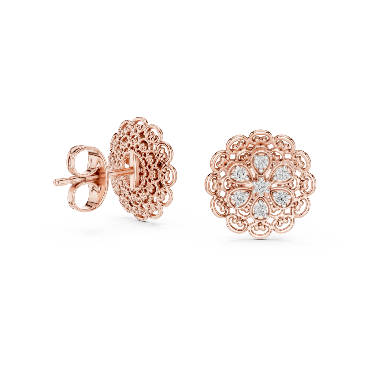 Moissanite Lace Medallion Stud Earrings in rose 925 sterling silver, view 1