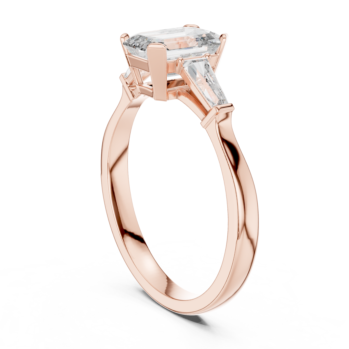 Emerald Cut Moissanite Ring with Tapered Baguette Sides in rose 925 sterling silver, view 1