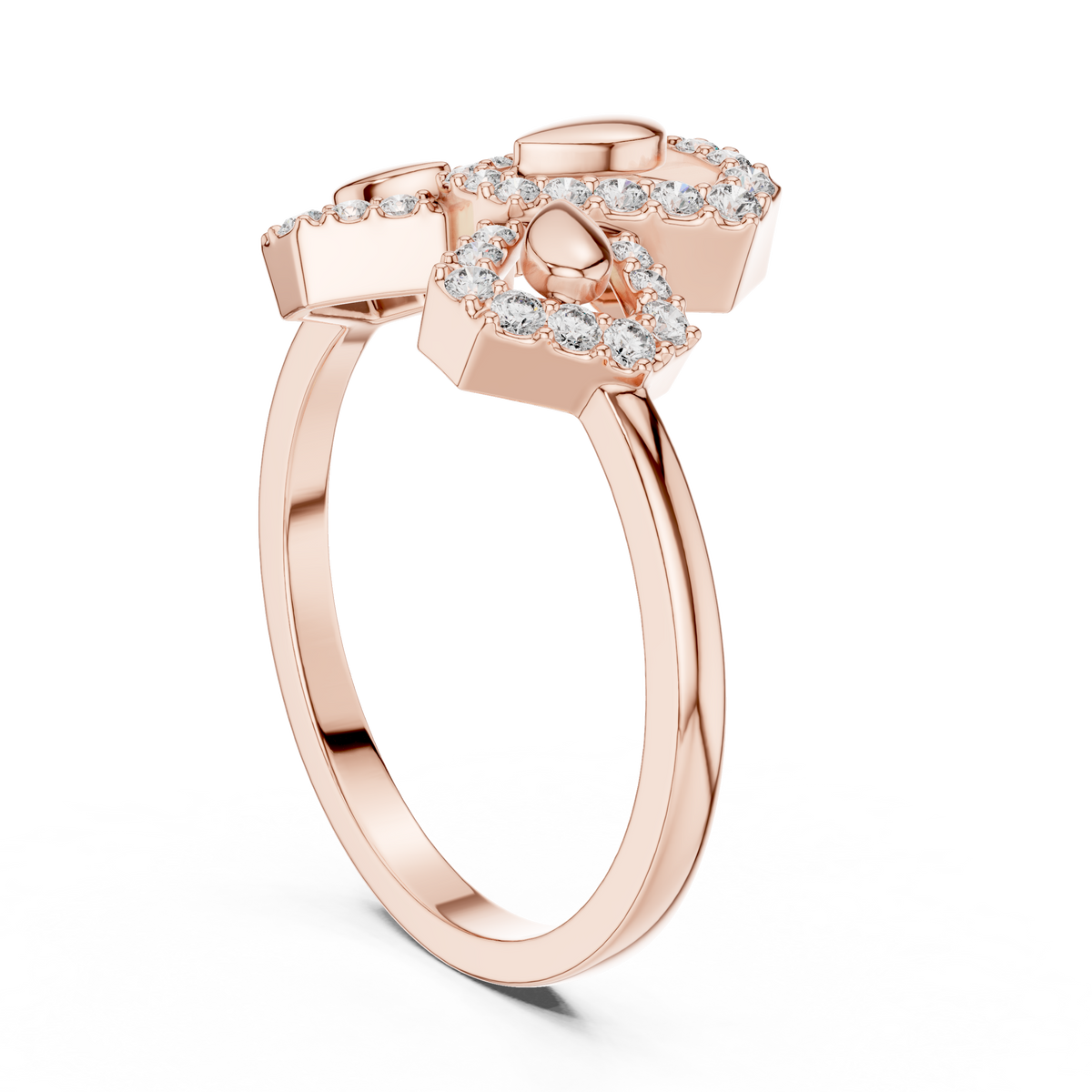 Trefoil Leaf Pavé Moissanite Ring in rose 925 sterling silver, view 1