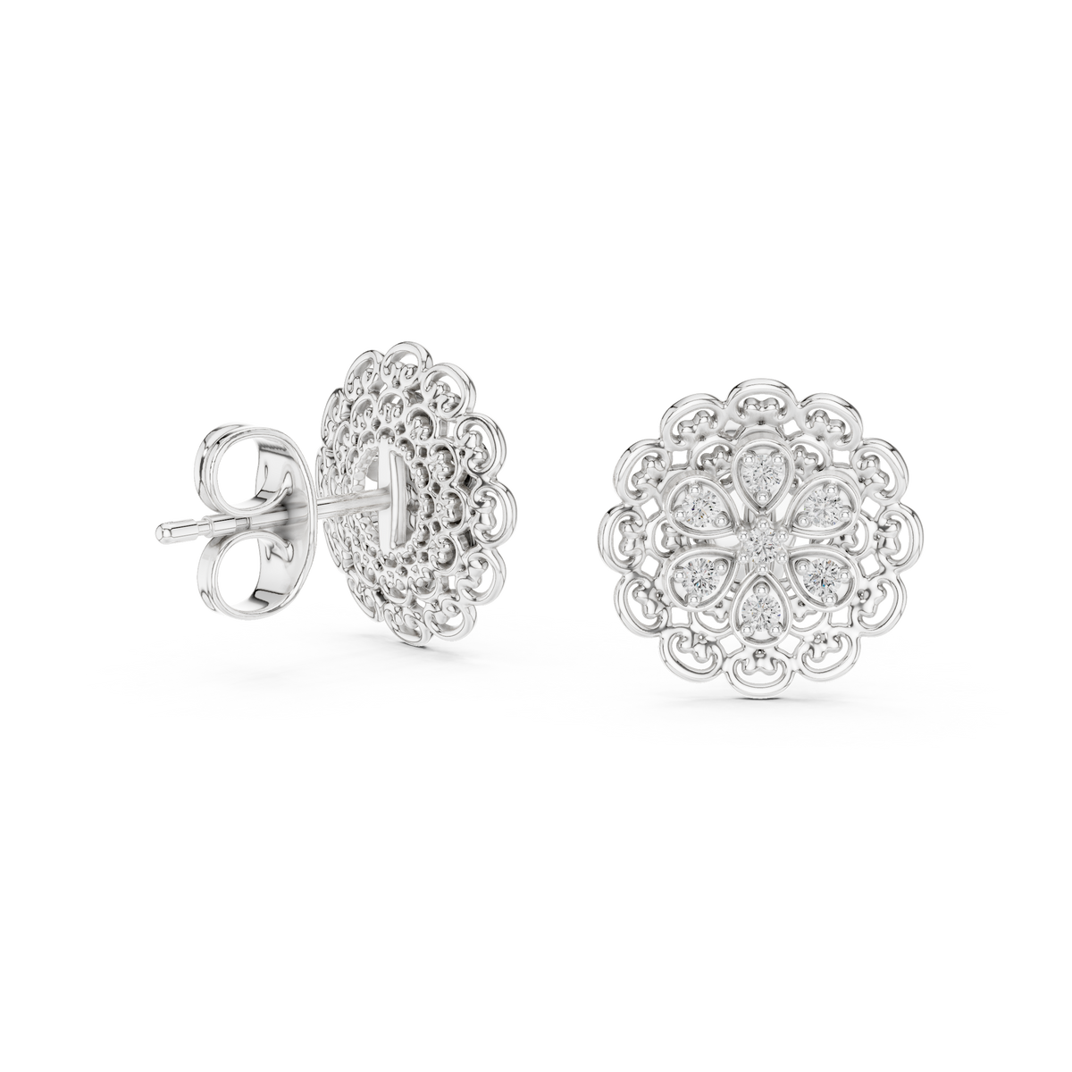 Moissanite Lace Medallion Stud Earrings in white 925 sterling silver, view 1