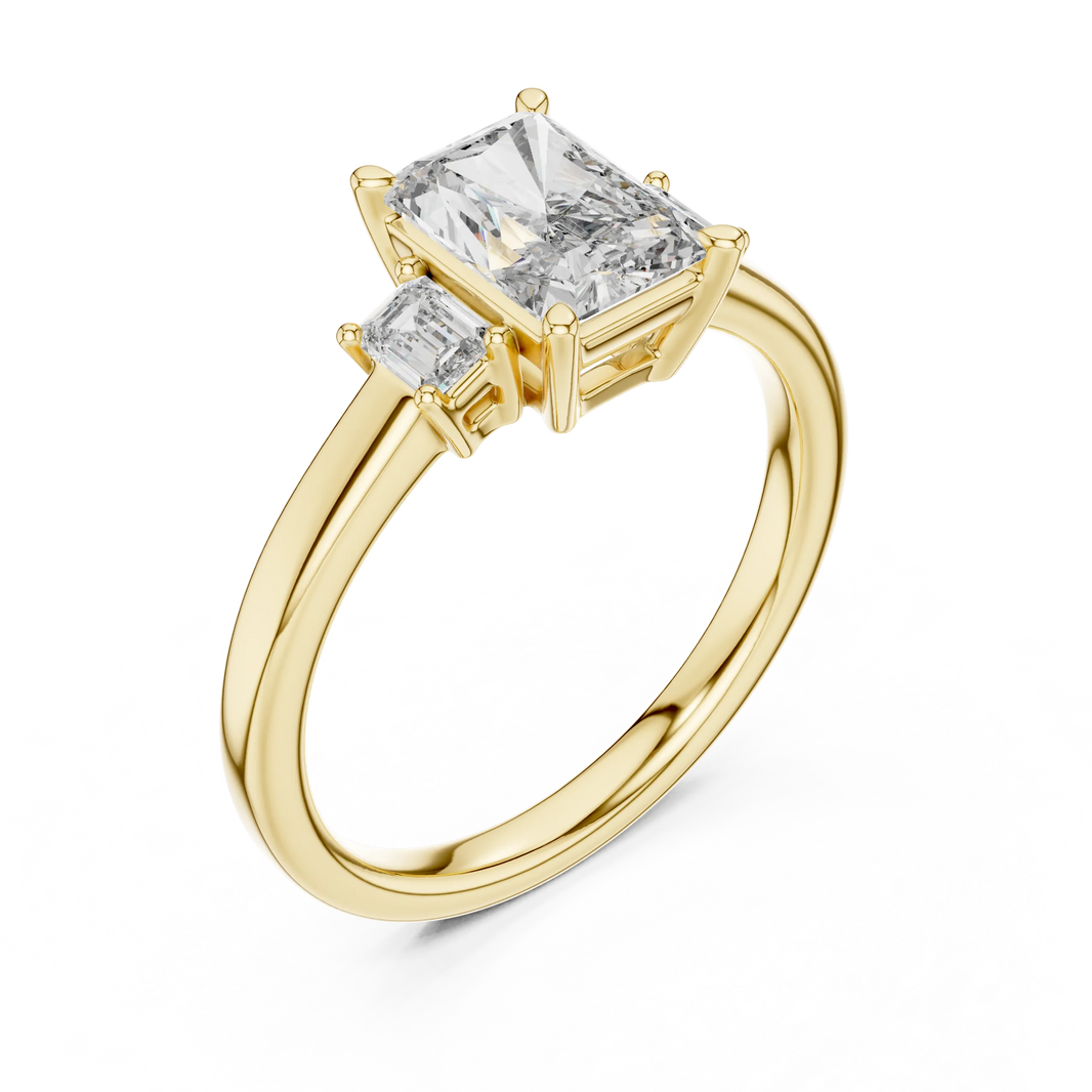 Radiant Cut Moissanite Ring with Baguette Side Stones in yellow 925 sterling silver, view 2