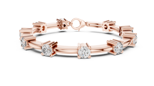 Round Moissanite Station Bar Bracelet in rose 925 sterling silver, view 1