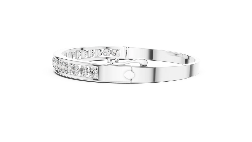 Channel Set Round Moissanite Hinged Bangle in white 925 sterling silver, view 4
