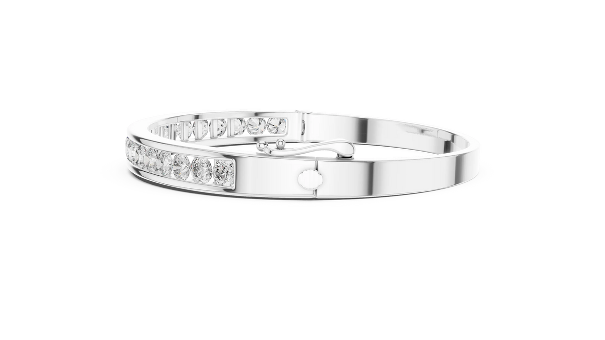 Channel Set Round Moissanite Hinged Bangle in white 925 sterling silver, view 4