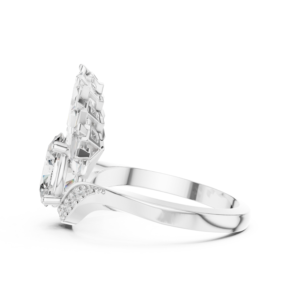 Oval Moissanite Ring with Baguette Fan Crown in white 925 sterling silver, view 3