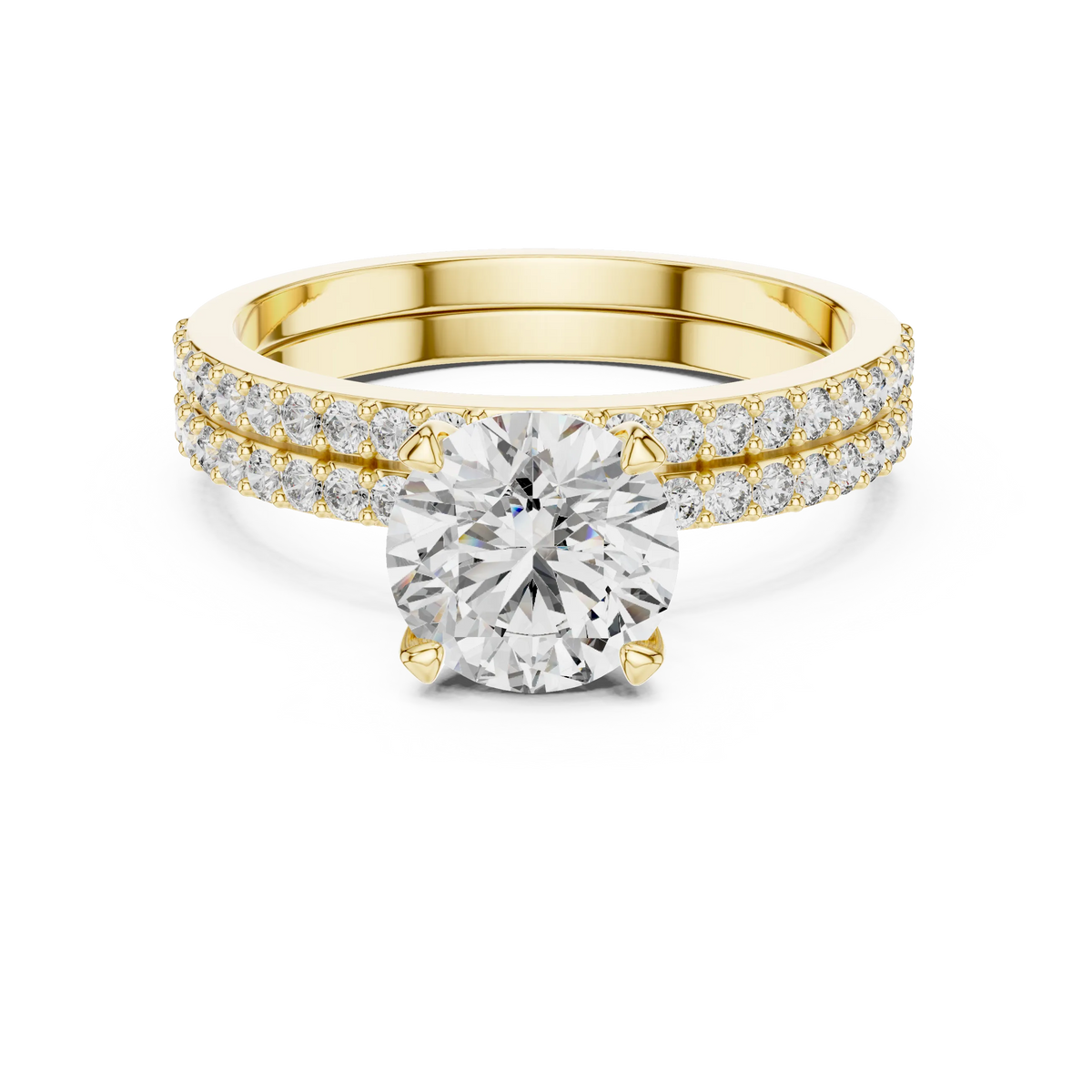 Round Solitaire Moissanite Ring with Double Pavé Band in yellow 925 sterling silver, view 4
