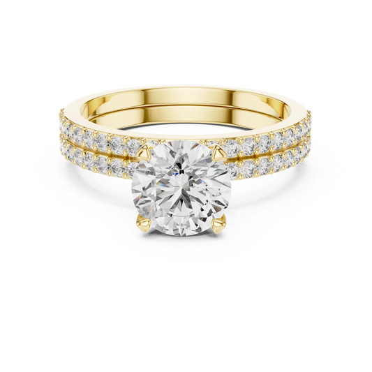 Round Solitaire Moissanite Ring with Double Pavé Band in yellow 925 sterling silver, view 4