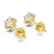 Round moissanite six-prong stud earrings in yellow 925 sterling silver, view 3