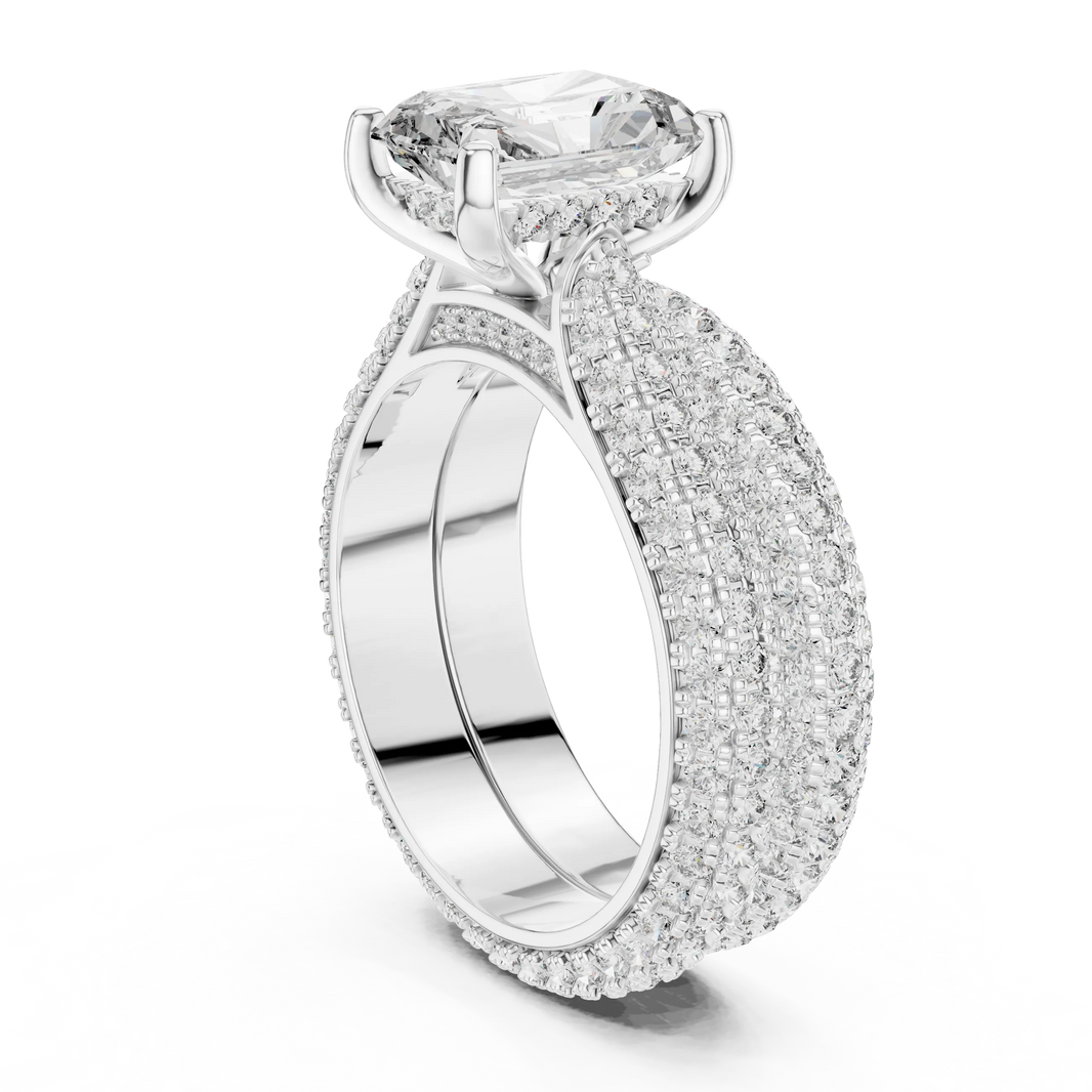 Radiant Cut Moissanite Ring with Wide Pavé Band in white 925 sterling silver, view 1