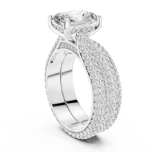 Radiant Cut Moissanite Ring with Wide Pavé Band in white 925 sterling silver, view 1