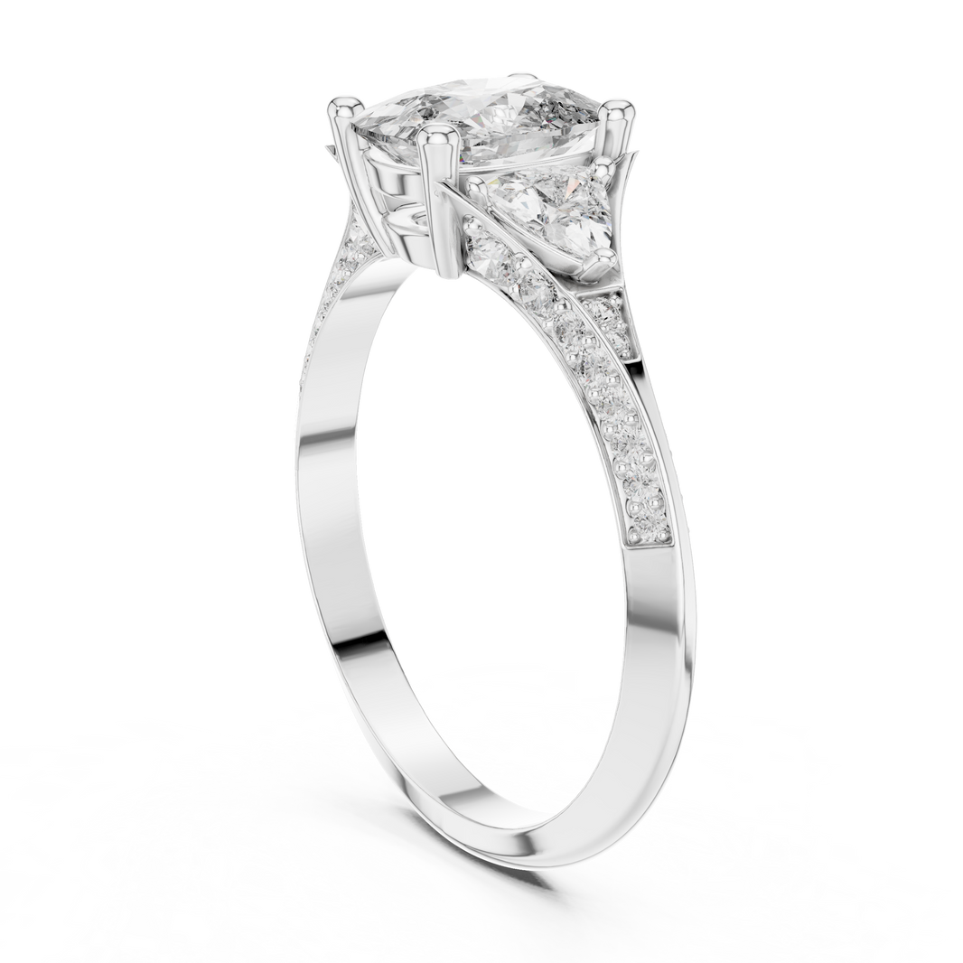 Elongated Cushion and Curved Trillion Moissanite Ring with Pavé Split Shoulders in white 925 sterling silver, view 1