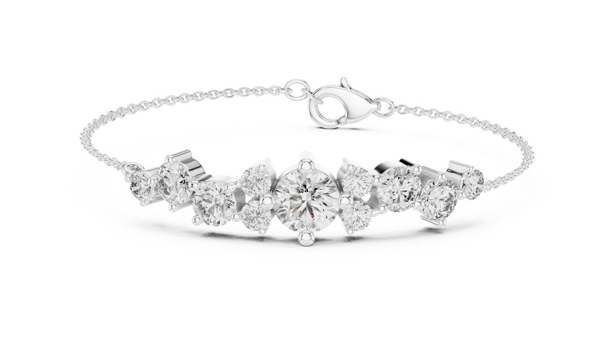 Graduated Round Moissanite Cluster Chain Bracelet in white 925 sterling silver, view 1