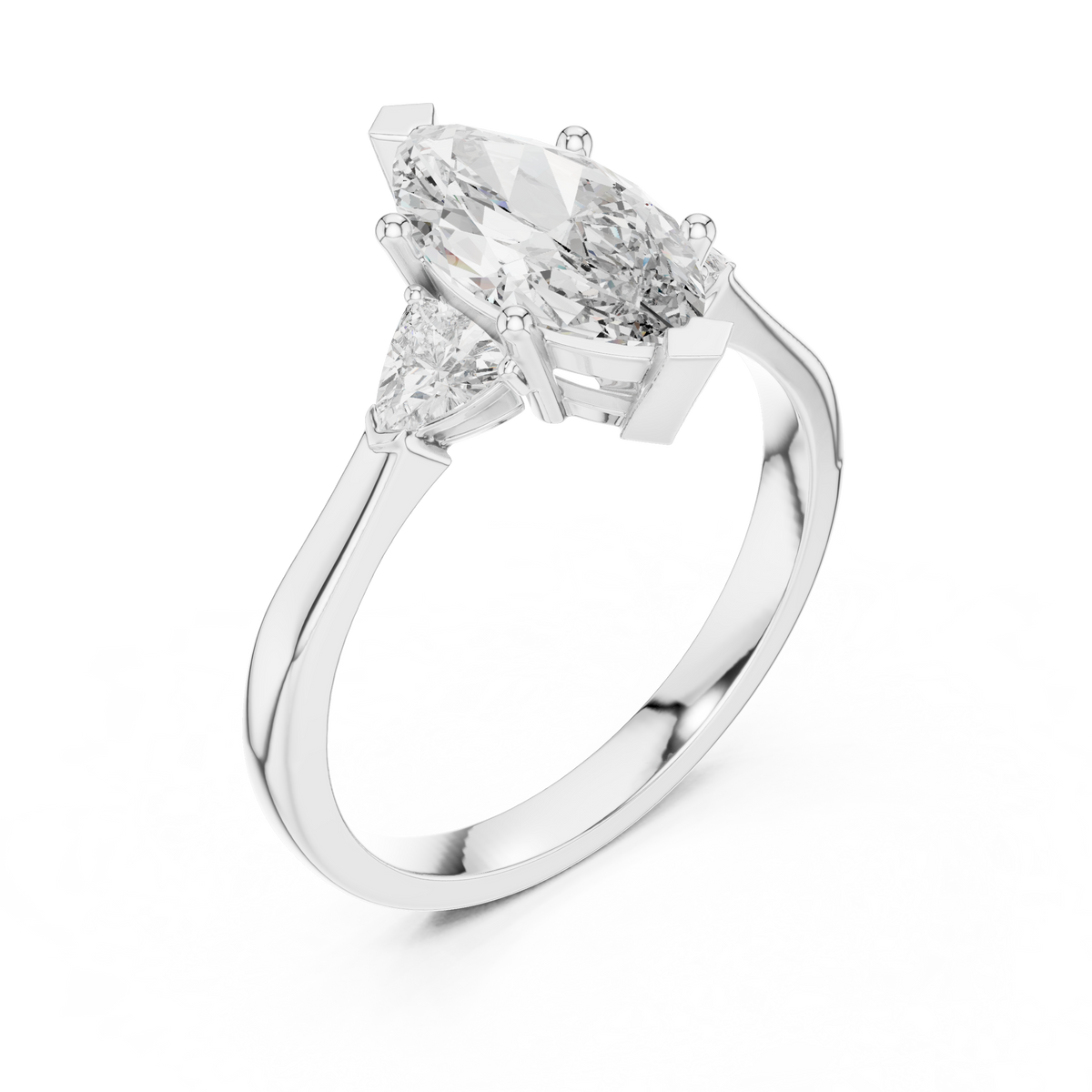Marquise and Trillion Three Stone Moissanite Ring in white 925 sterling silver, view 2
