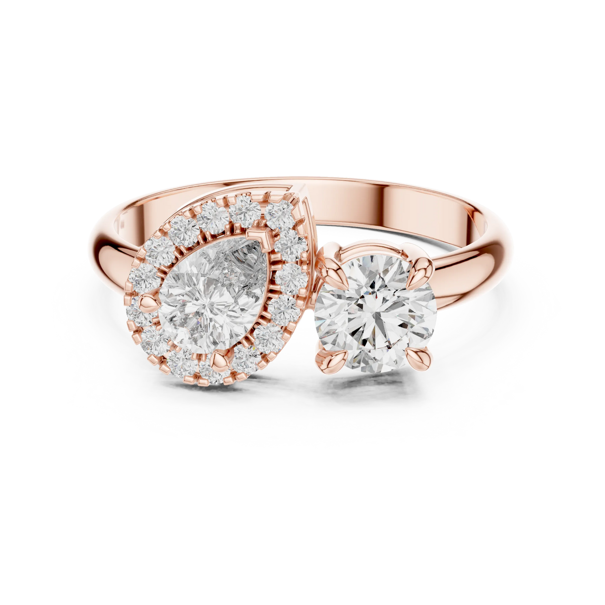 Pear Halo and Round Toi et Moi Moissanite Ring in rose 925 sterling silver, view 4